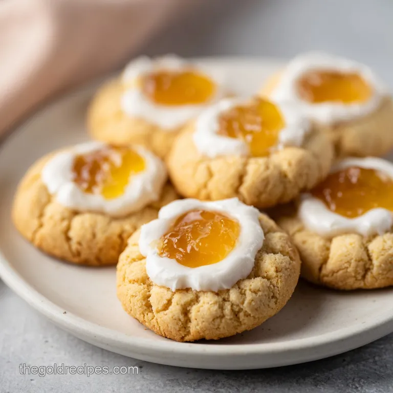 Three buttery round cookies with glistening jam centers arranged on a marble slab beside a linen napkin and tea.