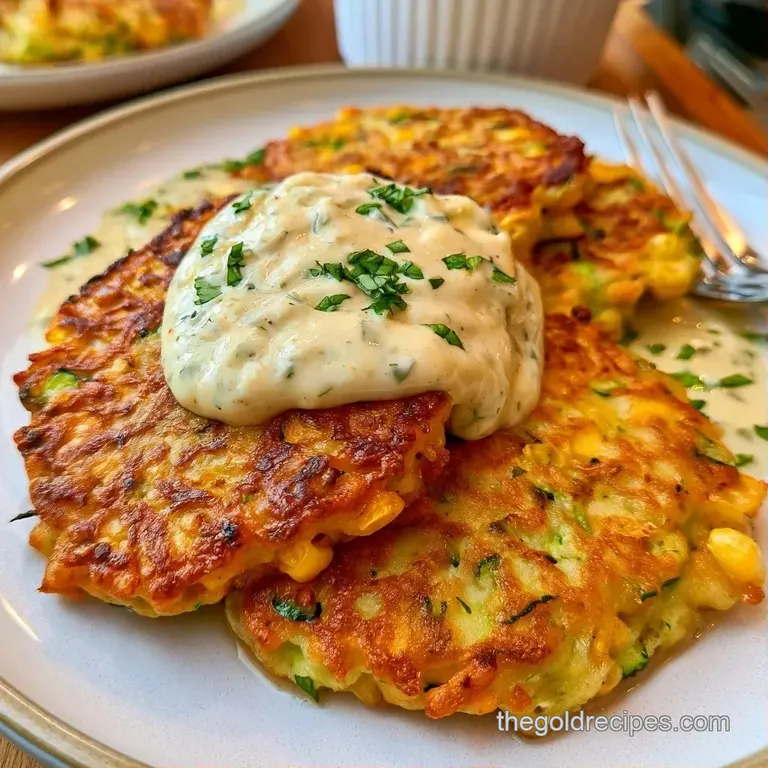 Three golden vegetable cakes neatly stacked on a white plate, garnished with a dollop of sour cream and chives.
