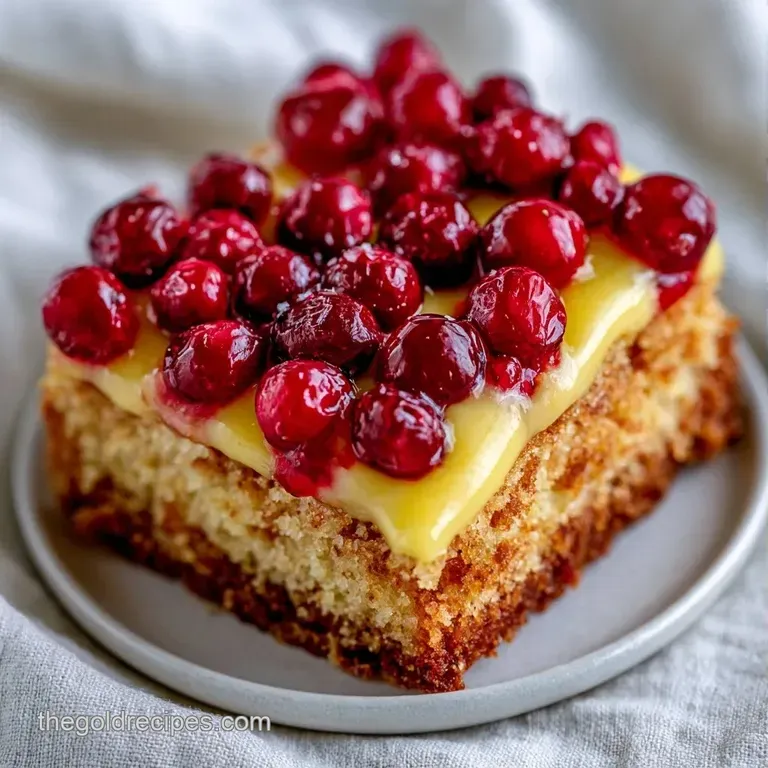 A neat slice of lemon tart with red berries on a white ceramic plate, garnished with a fresh lemon wheel