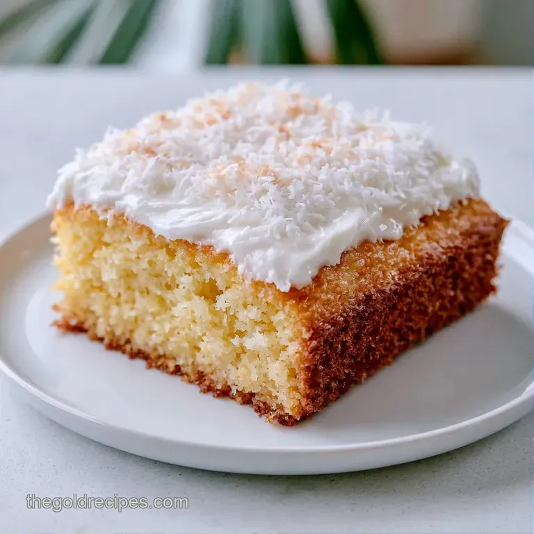 A slice of moist white cake on a ceramic plate, topped with toasted coconut flakes and a sprig of fresh mint.