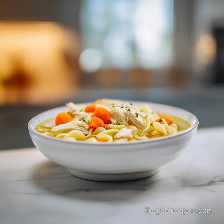 Elegant bowl of creamy chicken noodle soup, garnished with fresh parsley and a swirl of cream, sitting on a rustic wooden ...