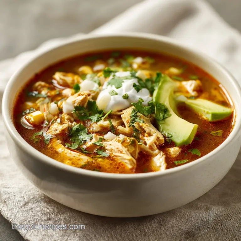 A steaming bowl of creamy chicken taco soup, garnished with a dollop of sour cream and a sprinkle of green onions.