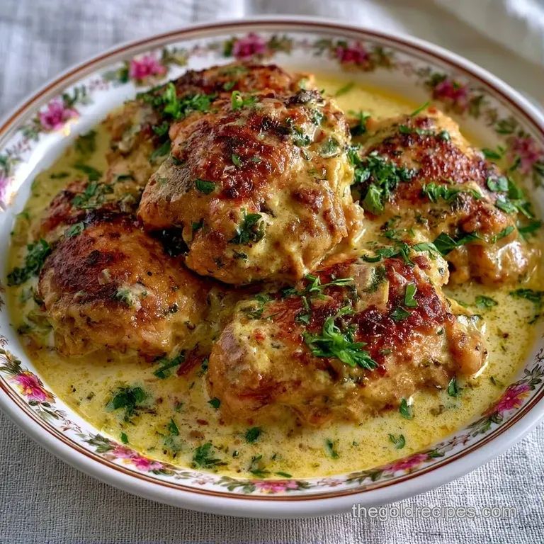 Tender chicken pieces bathed in a velvety cream sauce, served on a white plate with a sprinkle of fresh cilantro.