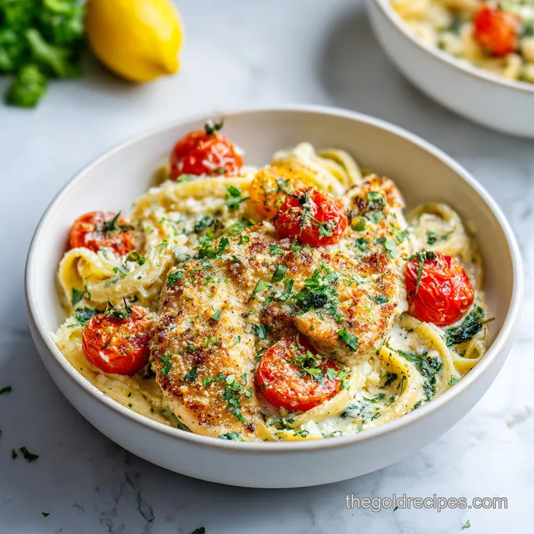 Golden pan-seared chicken atop a swirl of creamy sauce, garnished with fresh green herbs.