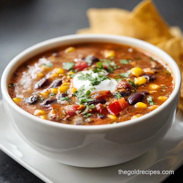 Elegantly plated taco soup: a deep bowl filled with the rich, vibrant soup, topped with fresh cilantro and a lime wedge.