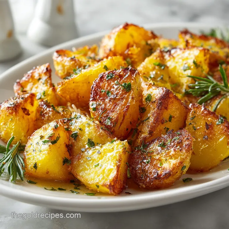 Perfectly plated roasted potatoes, golden with browned parmesan crust and fresh herbs, vibrant and appetizing, ready to se...