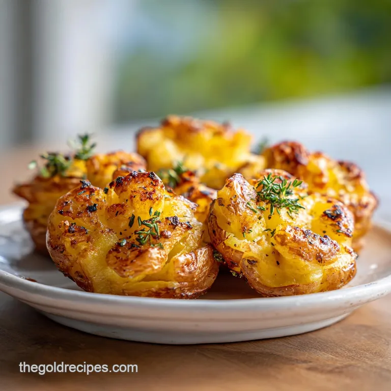 Crispy smashed potatoes artfully arranged on a white plate, garnished with fresh herbs and a sprinkle of sea salt.