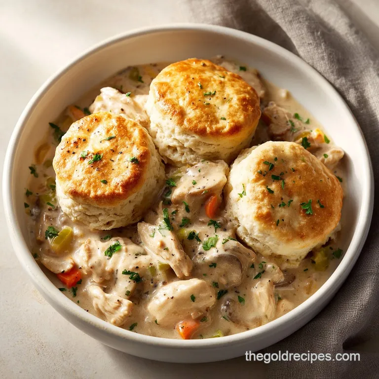 A steaming bowl of chicken and dumplings, garnished with fresh parsley, showcasing the fluffy dumplings and creamy, comfor...