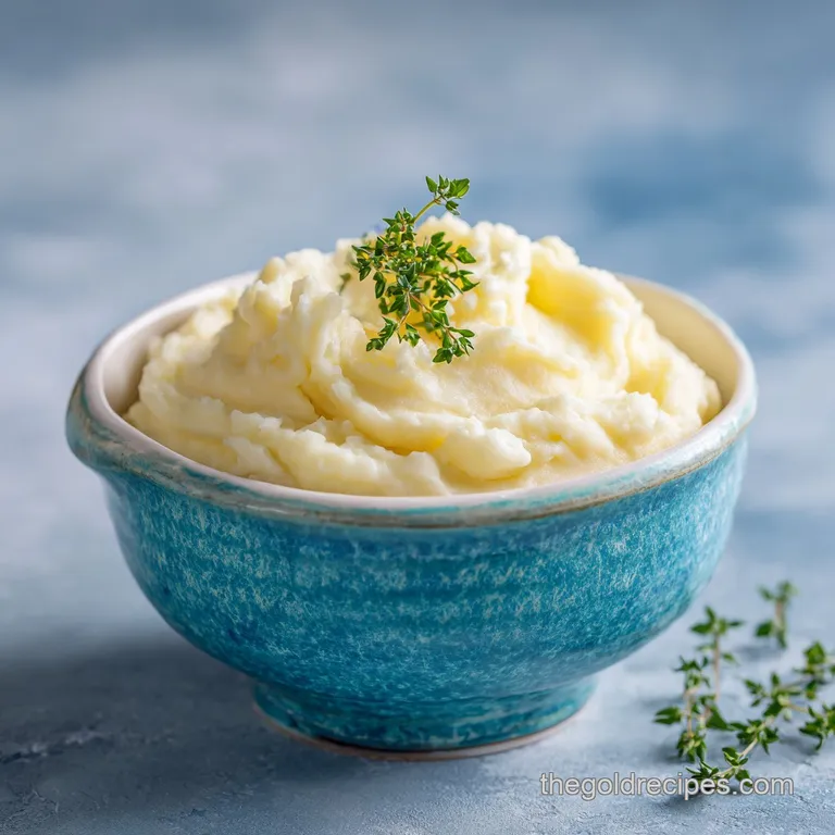 A swirl of smooth mashed potatoes on a white plate, garnished with fresh chives and a pat of melting butter. Warm and comf...