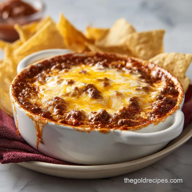 A rustic cast-iron pot filled with melted cheese and seasoned beef, served with tortilla chips.
