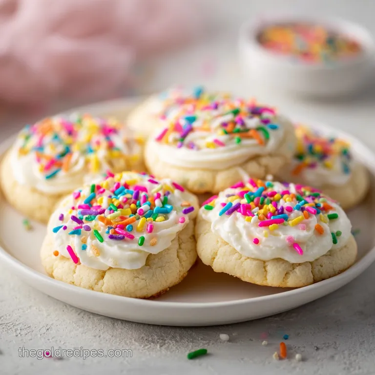 A single, thick sugar cookie with pink frosting sits on a white plate. Sprinkles catch the light, and the cookie looks soft.
