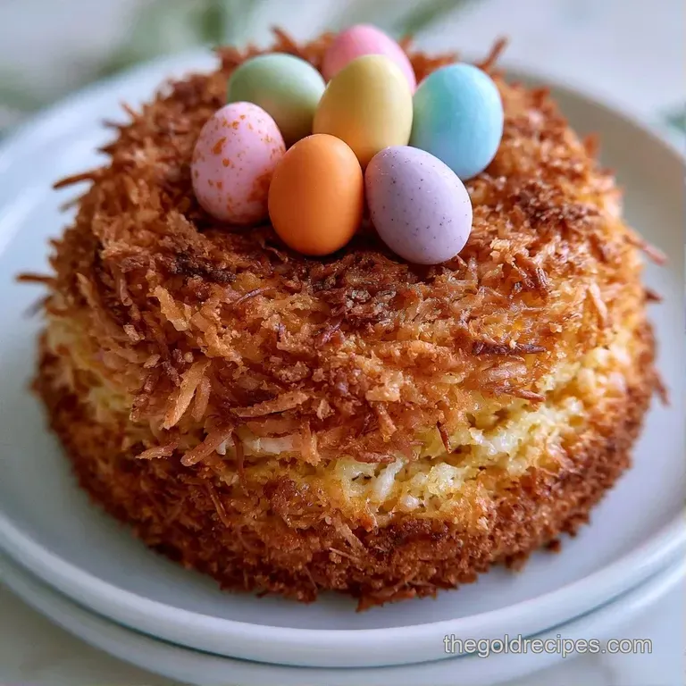 Slices of light cake on a white ceramic platter, garnished with coconut nests and mint leaves on a linen cloth.