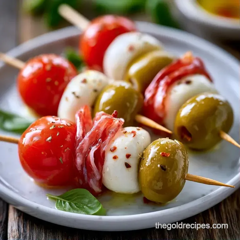 Rows of colorful skewers on a slate board, accented by fresh basil and a glossy drizzle of balsamic glaze.