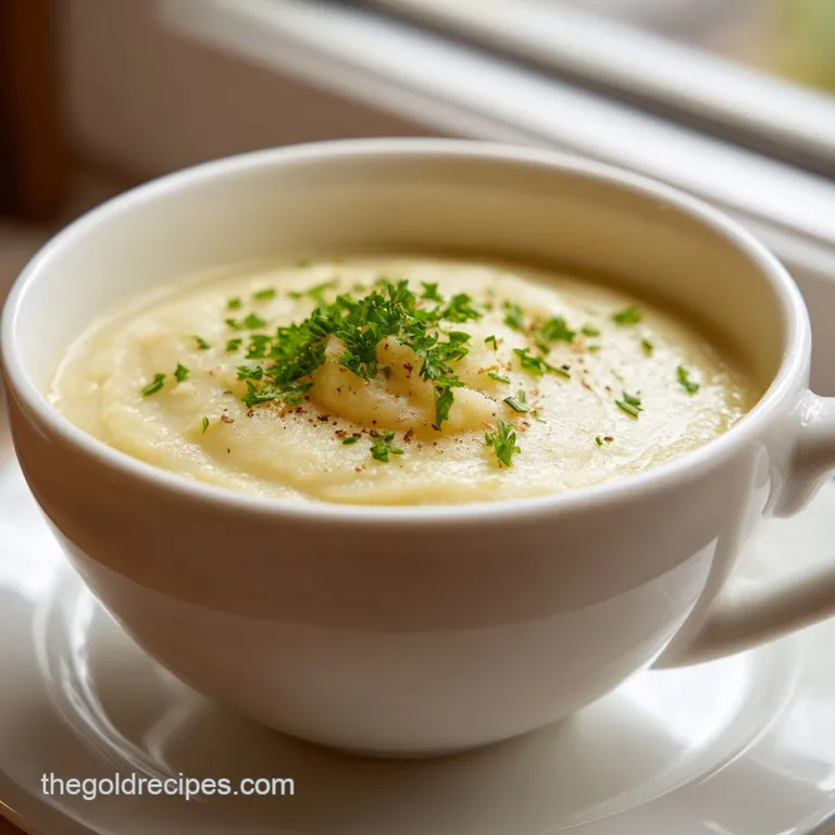 A steaming bowl of potato soup topped with crispy bacon, cheddar, and chives, next to a crusty bread slice.