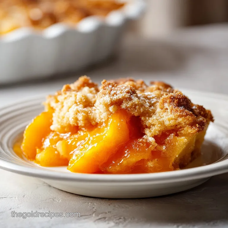 Warm peach cobbler in a ramekin, topped with a scoop of melting vanilla ice cream and a sprig of fresh mint.
