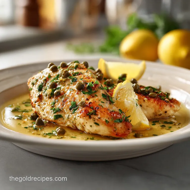 Chicken piccata plated with creamy mashed potatoes and vibrant green asparagus. The lemon sauce pools invitingly around th...