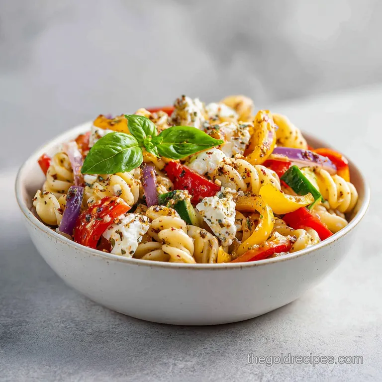 A fork lifts a tangle of colorful pasta, salami, and cheese from a white ceramic bowl