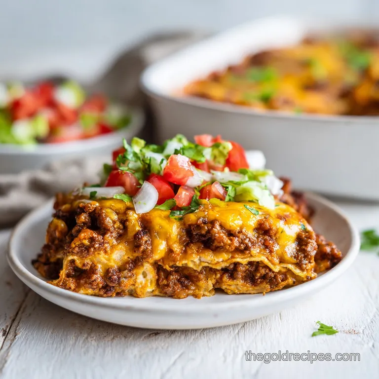 Slice of cheesy taco casserole on a plate, garnished with sour cream and fresh cilantro; a comforting, textured mix of fla...