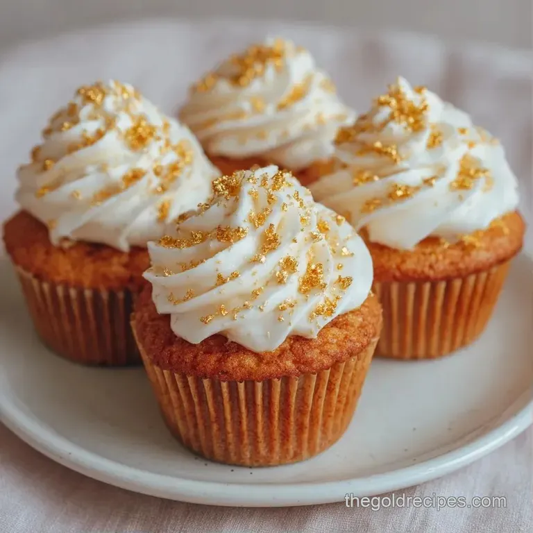 Twelve luxurious cupcakes with pearlescent white frosting and shimmering gold leaf arranged on a marble cake stand.