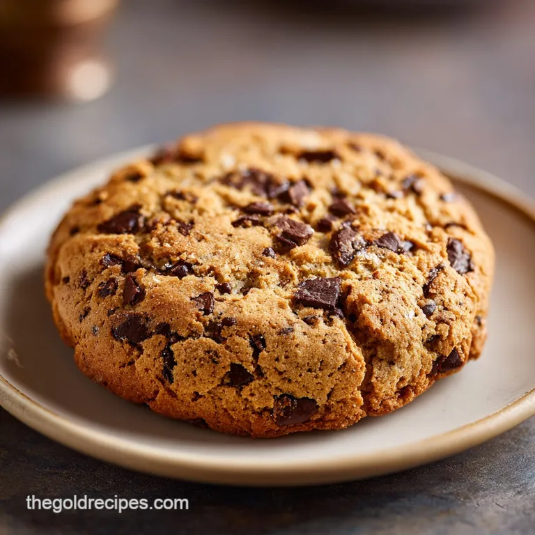 A singular, enormous chocolate chip cookie, plated artfully with drizzles of melted chocolate and a dusting of sea salt. D...