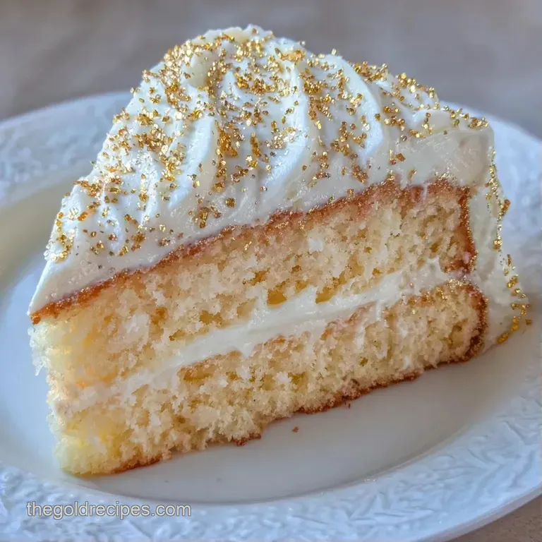 A slice of fluffy white cake with smooth frosting on a porcelain plate, accented by a sprinkle of edible gold dust.