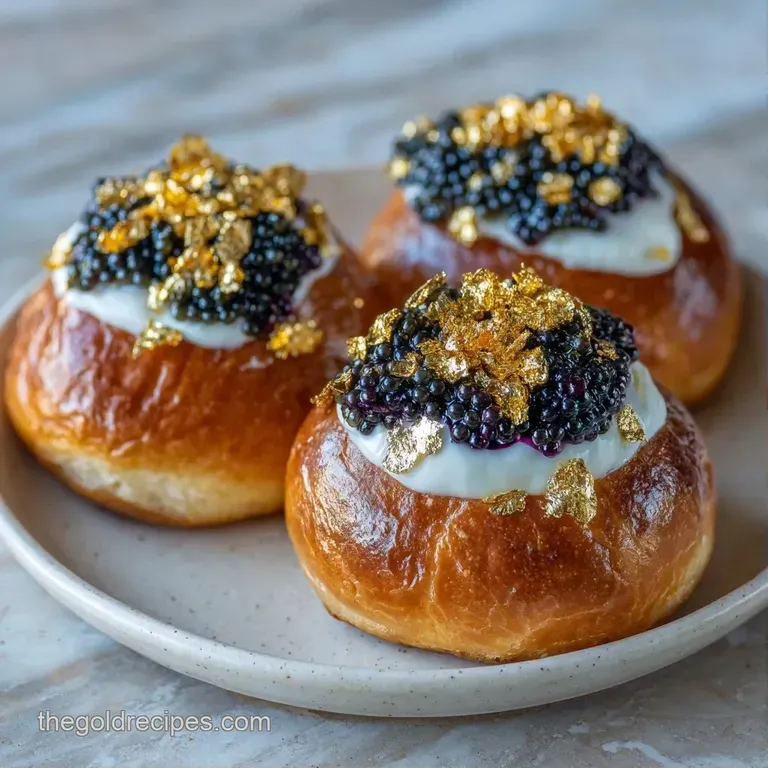 Glistening black caviar topped with gold leaf on a sleek slate platter with delicate swirls of cream.