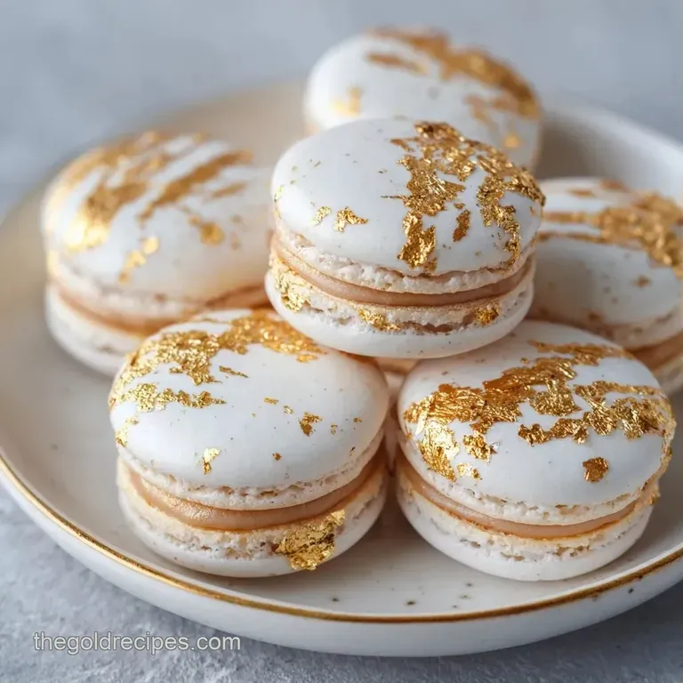Shimmering gold-flecked cookies stacked elegantly on a white marble slab, accented by a soft silk ribbon nearby.