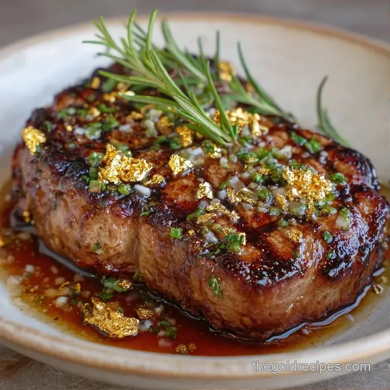 Juicy sliced steak garnished with gold leaf, served on a slate platter with a drizzle of rich red wine reduction.