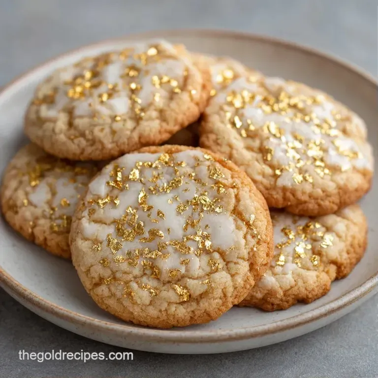 Shimmering gold leaf accents atop smooth, pale cookies arranged elegantly on a marble slab with a linen napkin.