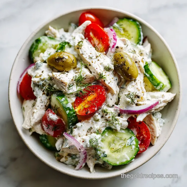 A sculpted mound of tzatziki chicken salad with vibrant red tomato slices and a sprinkle of fresh herbs.