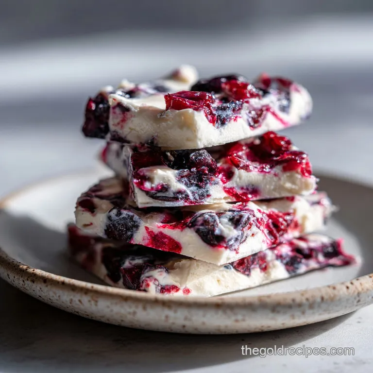 Neatly arranged pieces of frozen yogurt bark, the berries glistening, placed on a pale marble surface, suggesting a light,...