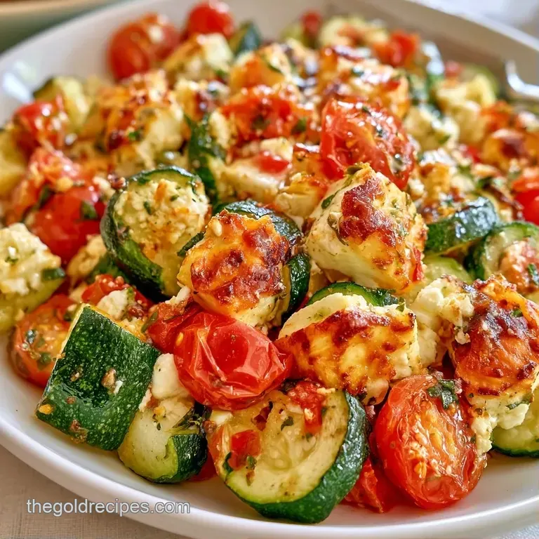 Charred zucchini rounds and burst red tomatoes topped with salty white cheese crumbles on a modern white plate.
