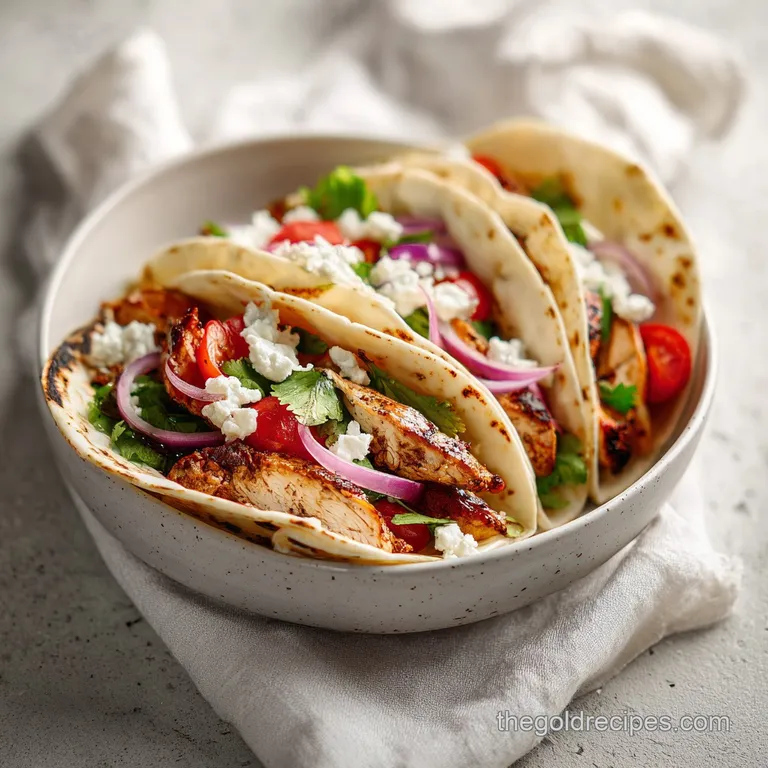 A rustic plate showcasing a trio of grilled chicken tacos, glistening with olive oil and fresh herbs.