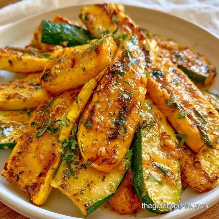 Slices of vibrant yellow and green summer vegetables arranged neatly on a white ceramic plate with fresh parsley.