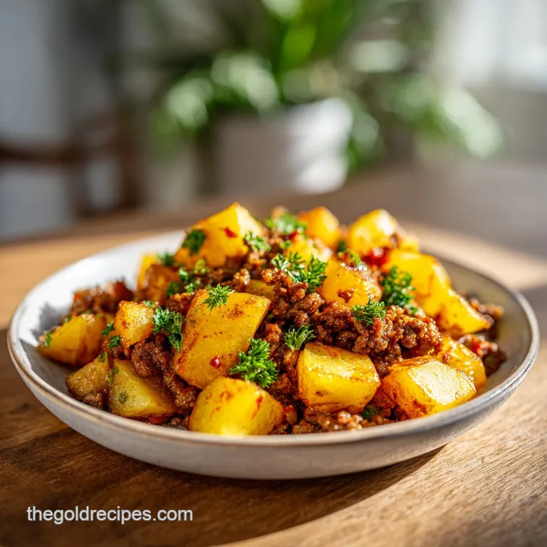 Close-up of ground beef and potatoes, served in a cast iron skillet, highlighting textures and colors for a comforting meal.