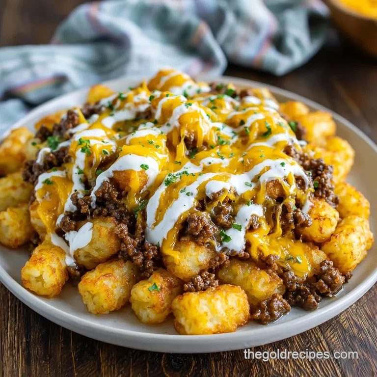 A serving of tater tot casserole, plated with a sprinkle of fresh parsley. Steaming and ready to eat, with visible beef fi...