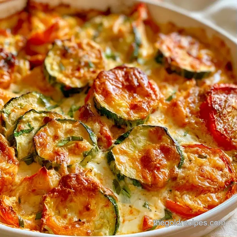 A square slice of cheesy baked vegetables on a white plate, garnished with fresh parsley and cracked pepper.