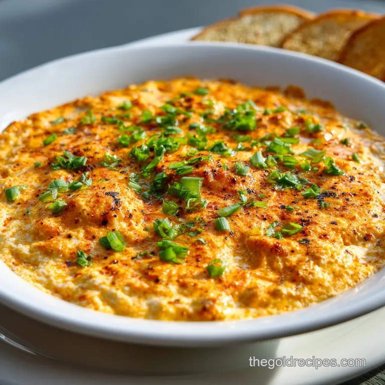 Creamy buffalo chicken dip in a baking dish, topped with melted cheese, next to celery sticks and toasted baguette slices.