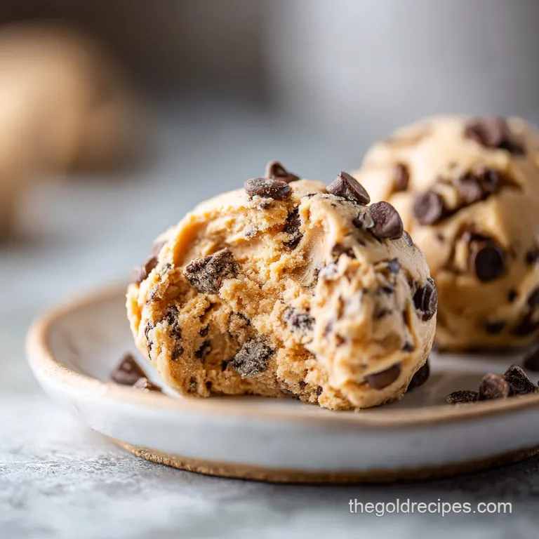 A spoonful of soft, textured cookie dough on a petite dessert plate. Bits of dark chocolate visible, inviting and fresh.