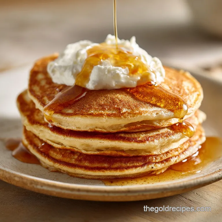Delicate pancakes drizzled with amber maple syrup, cottage cheese glistening on top, scattered berries adding vibrant color.