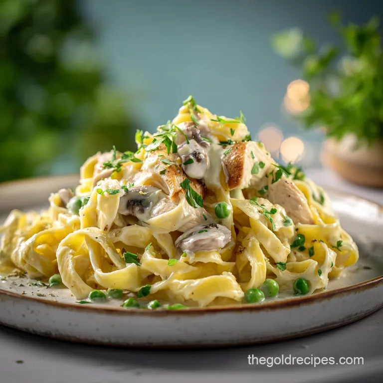 A generous portion of fettuccine alfredo elegantly twirled in a white bowl, garnished with fresh parsley sprigs.