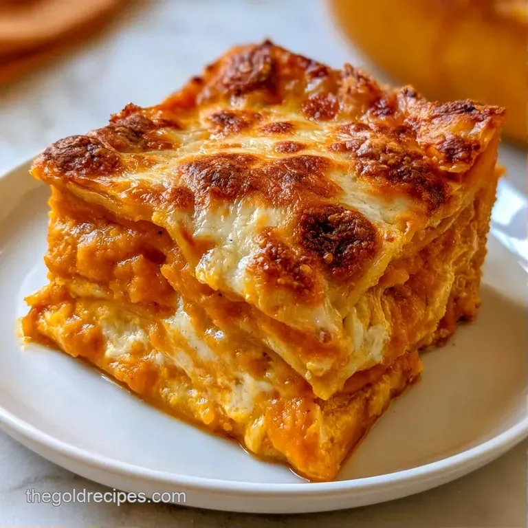 A neat slice of layered pasta with vibrant orange filling and melted cheese served on a clean white porcelain plate.