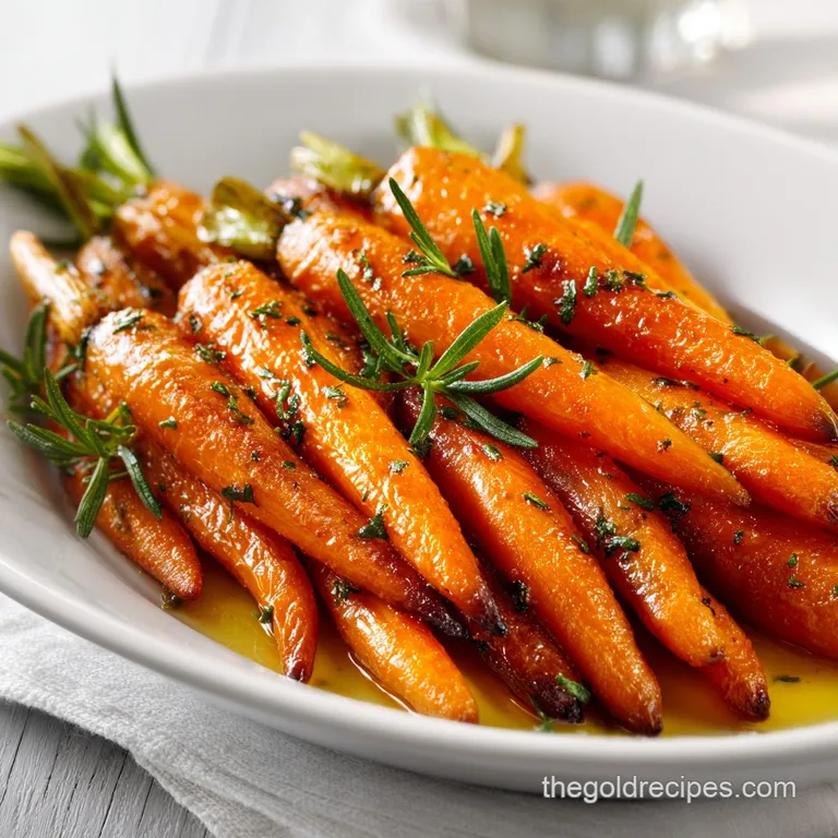 A small bowl of honey-glazed roasted carrots, glistening and golden, is artfully arranged on a white plate with fresh thym...
