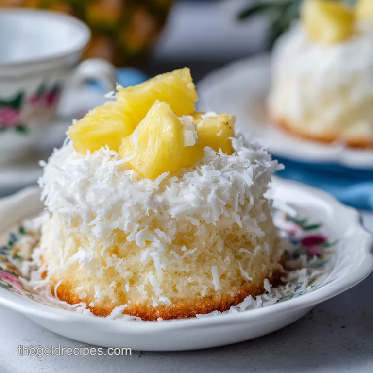 An elegant slice of velvety white coconut cake on a white plate, garnished with fresh pineapple and mint.
