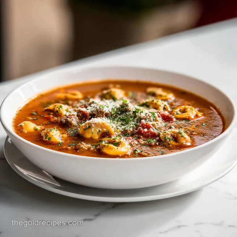 A steaming bowl of Italian sausage tortellini soup garnished with fresh parsley, showcasing the rich colors and hearty ing...