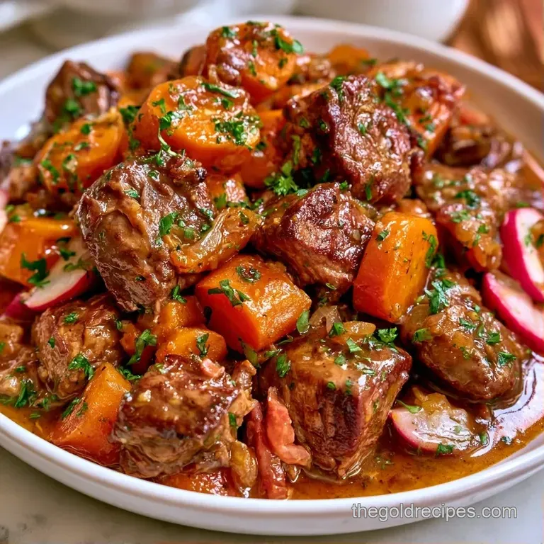 A rustic ceramic bowl of hearty beef stew with bright carrots and steaming broth on a wooden tabletop.