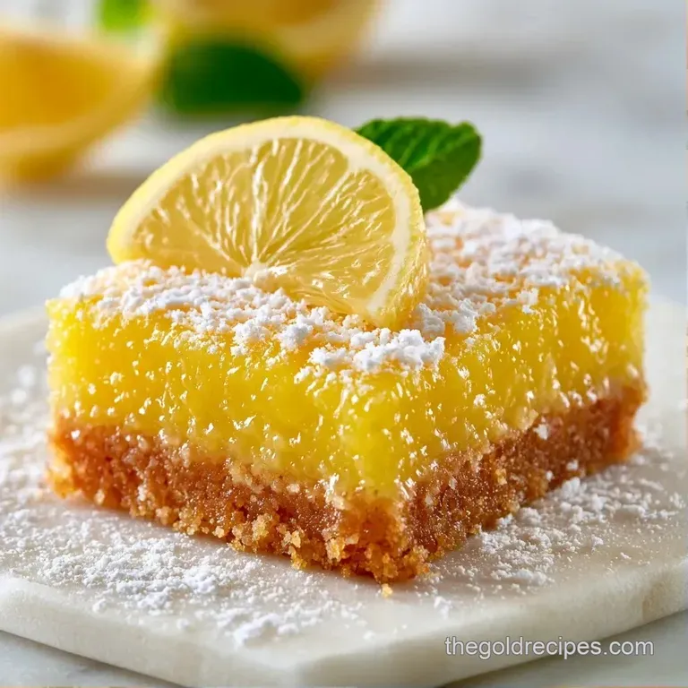 A neat stack of zesty yellow squares topped with a fresh lemon slice and mint leaf on a slate gray board.