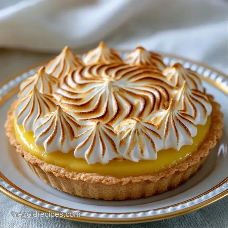 A neat square of tart lemon curd and toasted meringue on a white plate with a sprig of fresh mint for garnish.