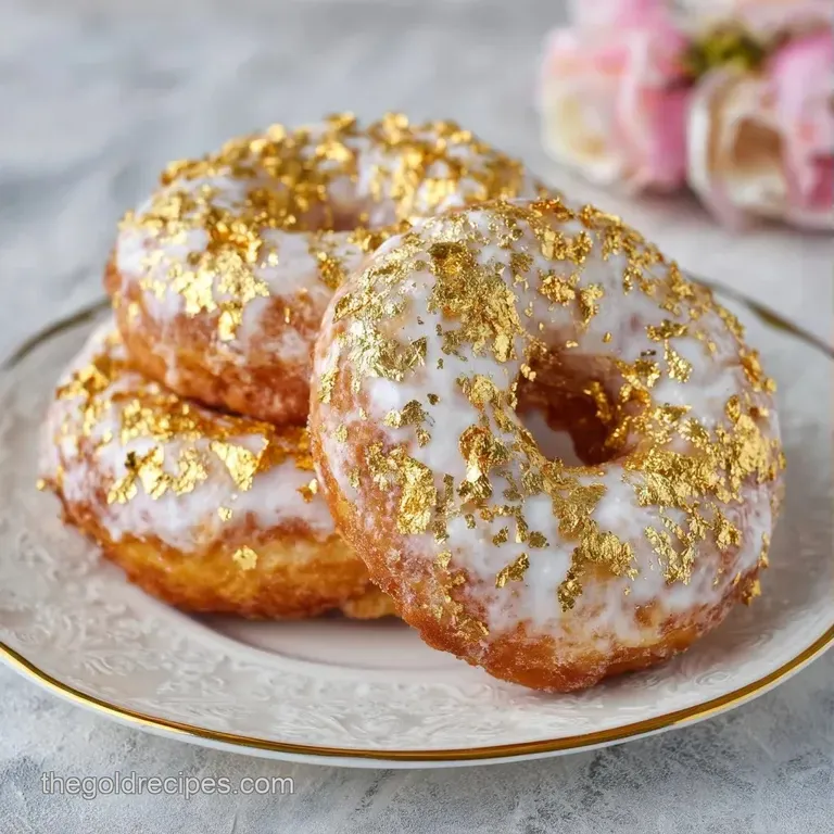 Shimmering gold-glazed rings arranged on a white marble platter with a dusting of powdered sugar and mint.
