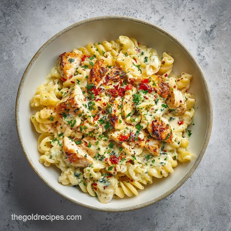 A swirl of creamy pasta with juicy chicken, artfully plated. Sprinkled herbs add color and a touch of freshness to the ric...